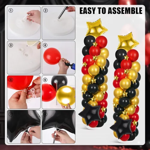 Vista 4 de 2 juegos de globos negros dorados y rojos, kits de soporte de columna de globos ajustables con 4 estrellas, guirnalda de noche de película, globos
