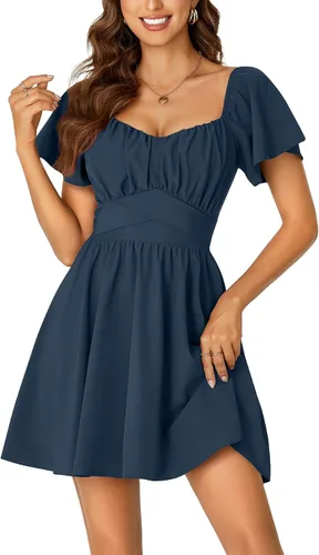 Vista 18 de Rooscier Minivestido acampanado de manga corta con volantes, cuello cuadrado, envolvente y espalda anudada para mujer