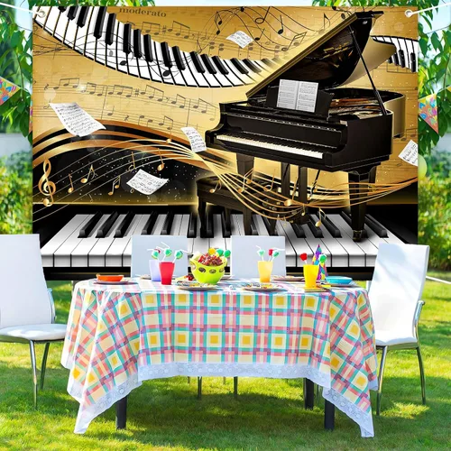 Vista 5 de Telón de fondo con tema de piano de 7 x 5 pies, notas musicales doradas, fondo de foto, tema musical, decoración de fiesta de cumpleaños, pancarta