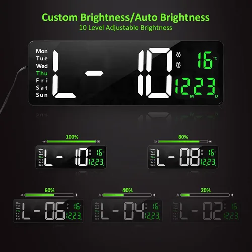 Vista 3 de Reloj de pared digital grande, reloj de pared digital de 16 pulgadas con hora, fecha, temperatura, semana, temporizador, 12/24 horas, atenuación