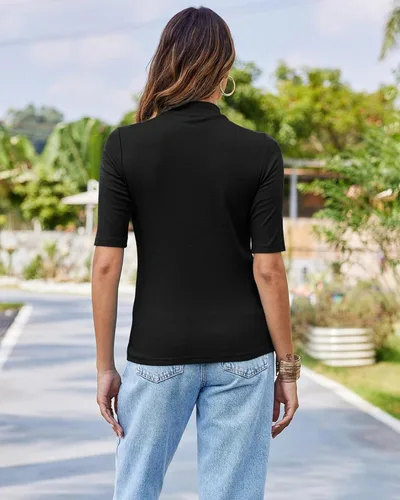 Vista 6 de LaLaLa Camiseta de media manga para mujer, cuello alto, elegante, casual, para primavera, ajustada, básica