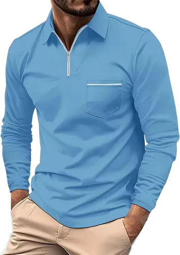 Vista 5 de Polo con cremallera de un cuarto para hombre, manga larga, ajustada, elástica, cuello para golf, oficina y trabajo