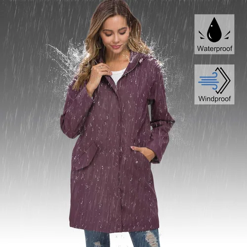 Vista 2 de Fahsyee Raincoat Women, Rain Jacket Waterproof Raincoat Hooded Windbreaker Outdoor Long Active