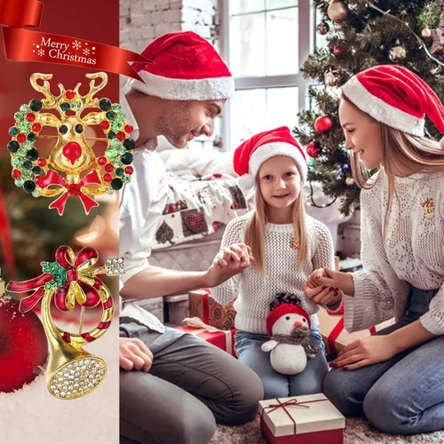 Vista 5 de Kakonia Juego de 9 broches de Navidad con diamantes de imitación, joyería para mujeres y hombres, árbol de Navidad, reno, Papá Noel, cascabel