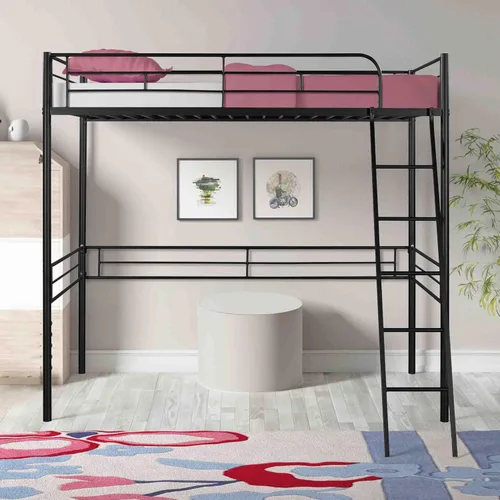 Vista 7 de Base de cama de metal tipo loft con escalera y barandilla de seguridad, marco de cama moderno de plataforma individual con espacio debajo de la cama