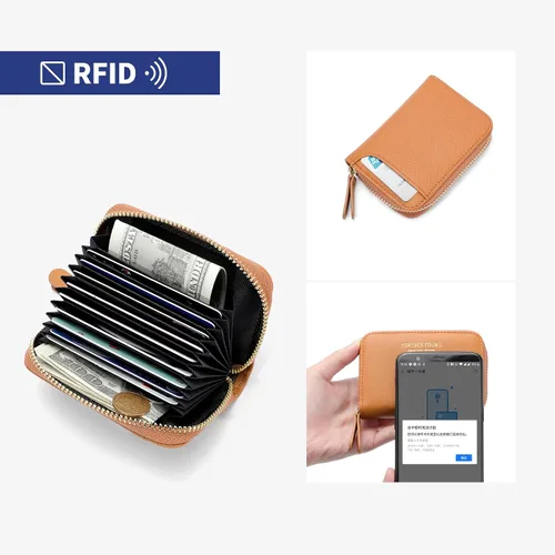 Vista 5 de JIUFENG Cartera de tarjetas de crédito con bloqueo RFID para mujer, cremallera alrededor del tarjetero, Gris