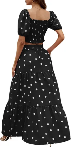 Vista 2 de Rooscier Conjunto de 2 piezas para mujer con blusa corta fruncida y falda larga para playa