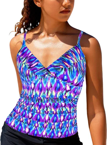 Vista 2 de Hilor Tankini para mujer con volantes fruncidos y cuello en V