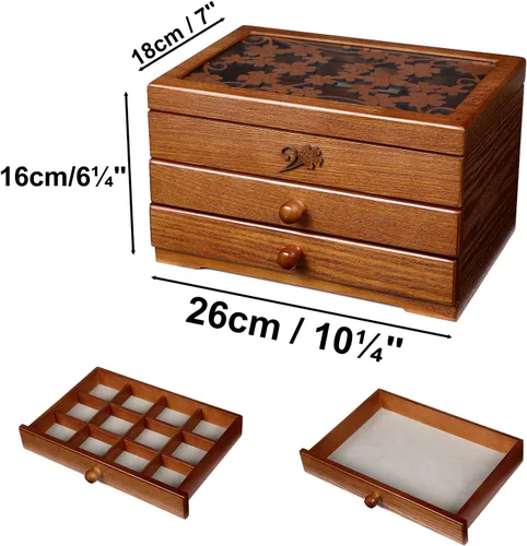 Vista 3 de Changsuo Joyero de madera para mujer con cajones, organizador de almacenamiento de joyas de tamaño mediano con tapa acrílica