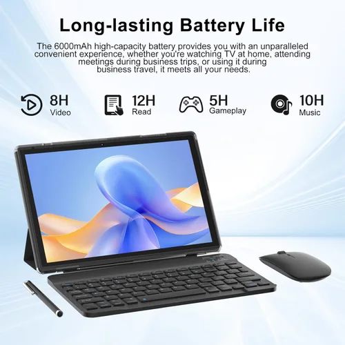 Vista 2 de Tablet Android 15 de 10 pulgadas con lápiz capacitivo de teclado, 8 GB de RAM 2 en 1 Tableta, incluye mouse y funda protectora, batería de 6000 mAh