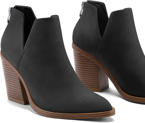 Vista 3 de mysoft Botines de tobillo para mujer sin cordones con recortes, puntera puntiaguda, tacón grueso apilado medio Negro (black Nubuck)