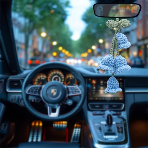 Vista 4 de Accesorios para colgar espejos de automóvil, colgante de flor de lirio tejido hecho a mano, bonita decoración colgante de ganchillo para espejo