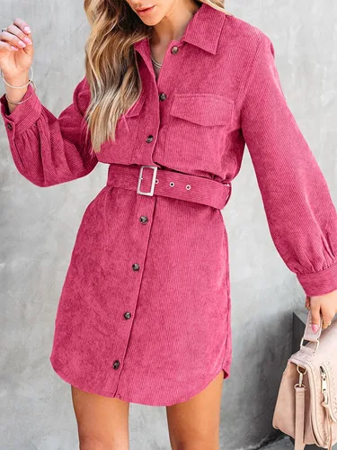 Vista 6 de Uusollecy Minivestido de pana para mujer, manga larga, con botones, camisa y cinturón