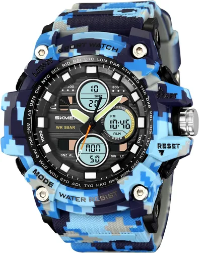Vista 9 de Reloj analógico de cuarzo para hombre con doble pantalla y alarma digital con iluminación LED