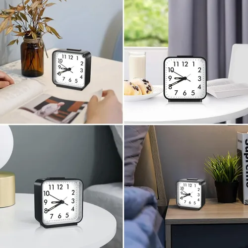 Vista 7 de Reloj despertador analógico, reloj de noche alimentado por batería, reloj de viaje silencioso sin tictac con luz nocturna, repetición, fácil