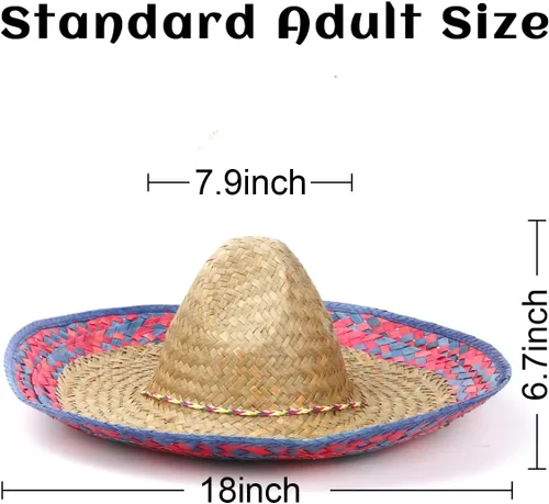 Vista 6 de DUNCHATY Auténtico sombrero de paja mexicana con ribete de serape, sombrero de disfraz para adultos para fiesta del Cinco de Mayo