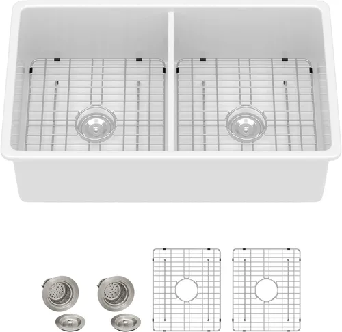 Vista 2 de Fregadero de cocina blanco de 32 x 19 pulgadas, cuenco doble de arcilla refractaria de porcelana de cerámica blanca, doble montaje 50/50, montaje