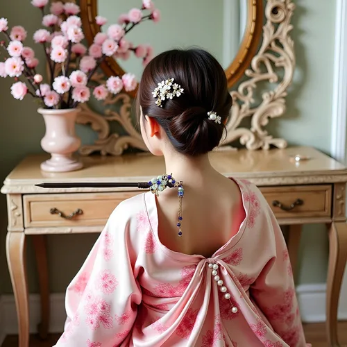 Vista 4 de Palillos de madera vintage japoneses chinos azules con flor y borla, palillos retro para bodas, fiestas y peinados Hanfu