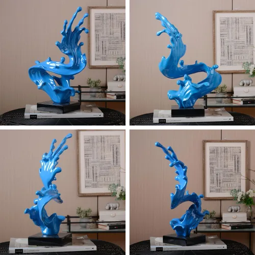 Vista 4 de HAUCOZE - Estatuilla abstracta de olas marinas para decoración del hogar, 16.1 pulgadas Blue Resin Handmade Statue with Black Base Fashion Gift