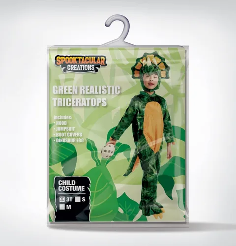 Vista 6 de Spooktacular Creations Disfraz de triceratops verde para niños, overol de dinosaurio realista con huevo para niños, fiesta de disfraces de Halloween
