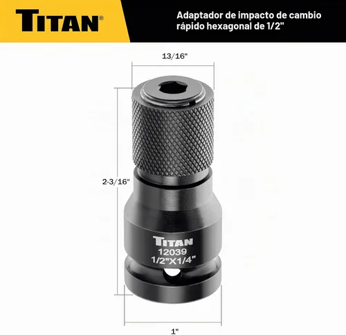 Vista 4 de Titan 12039 Adaptador de cambio rápido de 1/2" de accionamiento a 1/4" hexagonal