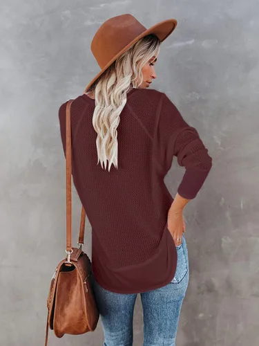 Vista 6 de SOLERSUN Womens Waffle Knit Tops Long Sleeve Crewneck Casual Loose Blouses Lightweight Pullover Jumper 2023 Fall