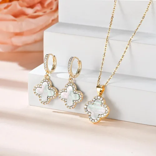 Vista 7 de Juego de trébol de la suerte, collar de trébol y aretes de aro, colgante negro, blanco, verde, chapado en oro de 18 quilates, joyería linda de moda