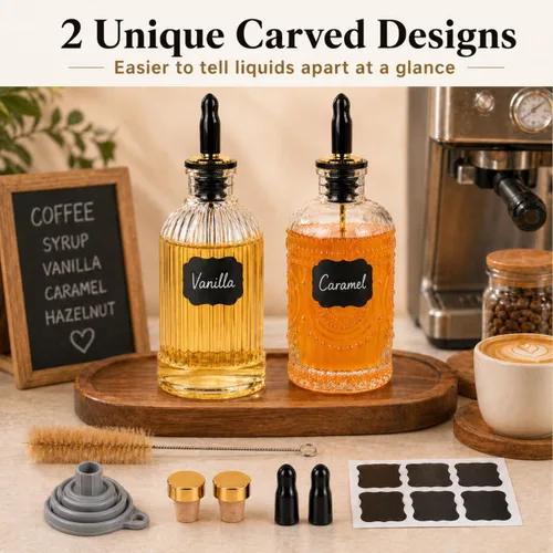 Vista 3 de ChezMax Botellas dispensadoras de jarabe de café, recipientes de vidrio de 7 onzas con boquilla de vertido de metal, accesorios de barra de café