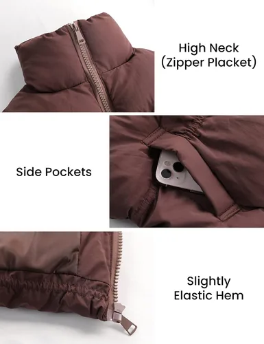 Vista 4 de Lentta Chaleco acolchado corto para mujer, con cremallera, cuello alto, ligero, acolchado