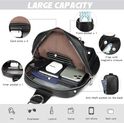 Vista 5 de Bolso Bandolera Mochila Cruzada - 2 en 1 Bolso Cruzado de Cuero Riñonera con 2 Correas Extraíbles Mini diaper bag, Instant Wipes pocket