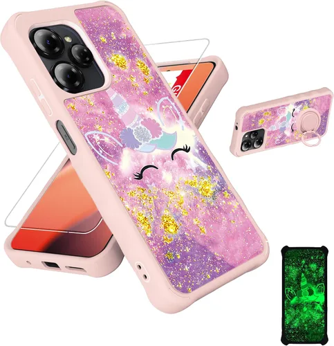 Vista 80 de jioeuinly Funda compatible con Oukitel P1 Pro con protector de pantalla de vidrio templado, policarbonato duro + silicona suave, soporte de anillo