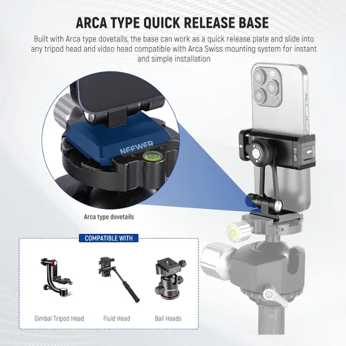 Vista 6 de Adaptador de montaje de trípode para teléfono Neewer con base tipo Arca QR, zapata fría, agujeros de 1/4" y 3/8", giro de 360° y inclinación