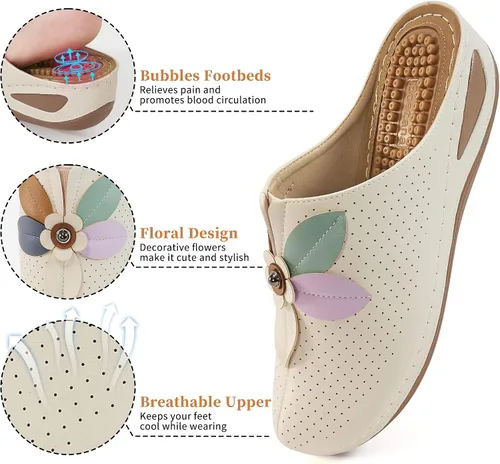 Vista 3 de Ecetana Zuecos para mujer, zapatos sin cordones de cuero, zapatos deportivos casuales de verano, sandalias de cuña cómodas, zuecos de viaje