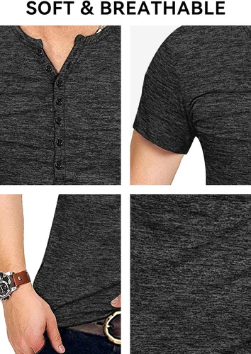 Vista 7 de KUYIGO Camisas Henley para hombre, estilo casual, ajustadas, básicas, de A01 Negro Puro