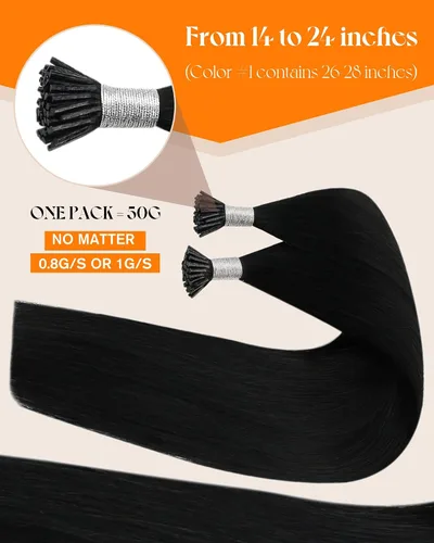 Vista 2 de Sunny I Tip - Extensiones de cabello humano con punta en I 80S, extensiones de cabello humano negro azabache, extensiones de cabello humano