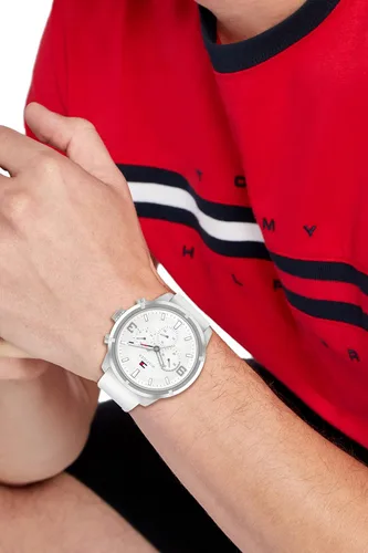 Vista 4 de Tommy Hilfiger Reloj multifunción de acero inoxidable y correa de silicona para hombre, color blanco (modelo 1792072), Blanco