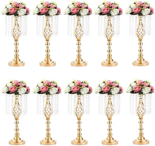 Vista 10 de Sziqiqi - Centro de mesa elevado floral dorado para mesa de boda de 21.7 pulgadas de altura con centros de mesa de flores de cristal y cuentas