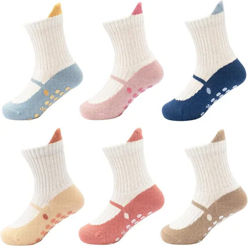 Vista 7 de Looching Paquete de 6 calcetines antideslizantes de algodón con empuñaduras de estilo ballet para bebés y niñas