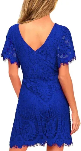 Vista 2 de MSLG 910 - Vestido de cóctel para mujer, elegante, acampanado, cuello redondo, espalda en V y encaje floral, para invitada de boda