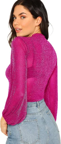 Vista 2 de ROMWE - Blusa para mujer con manga obispo brillantina y malla transparente
