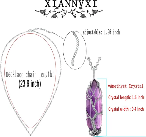 Vista 6 de XIANNVXI Collar con colgante de luna creciente envuelta en alambre con forma de árbol de la vida Collar con piedras de cristal curativo de reiki