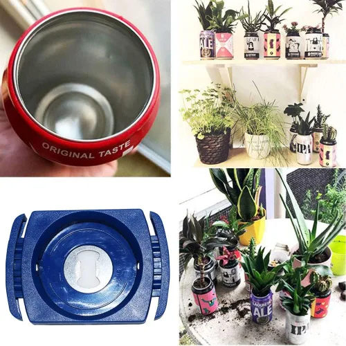 Vista 3 de Abrelatas manual azul dos en uno para latas de bebidas de 8 a 19 onzas, abridor de botellas, herramienta de barra doméstica