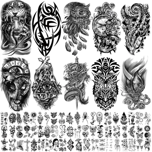 Vista 11 de Tatuajes temporales para hombres y mujeres adultos, 77 hojas de calcomanías de tatuaje falsas, lágrimas de serpiente, relojes, planetas