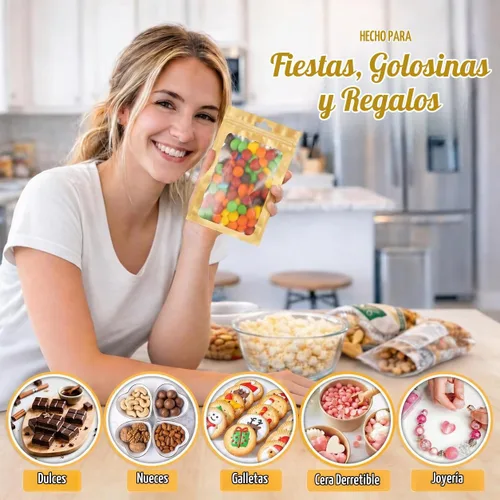 Vista 4 de ANZNKU 100 bolsas de Mylar doradas, resellables, a prueba de olores, bolsa Oro claro