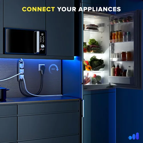 Vista 6 de Maximm Cable de extensión plano giratorio de 360 grados, cable de alimentación de 3 salidas múltiples de 1 pie con bucle, conexión a tierra 16 AWG