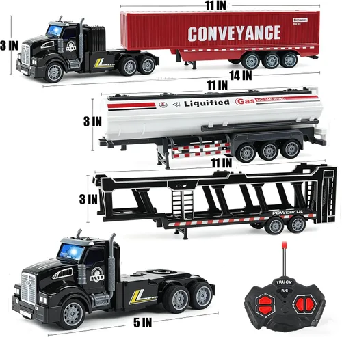 Vista 5 de Juego de juguetes de camión RC 3 en 1, incluye transportadores de automóviles, camiones cisterna y camiones contenedores, camión de juguete de Negro
