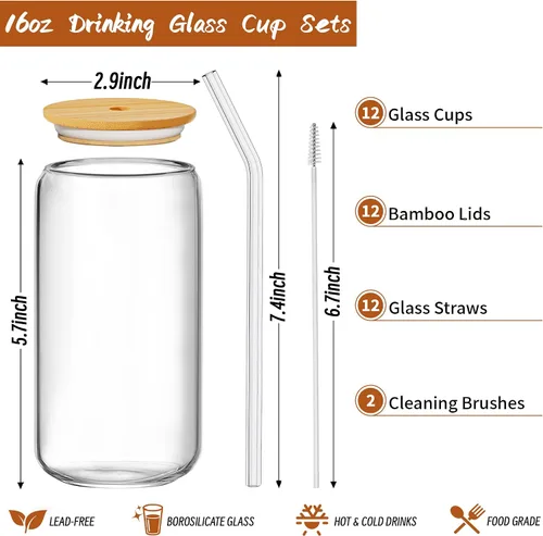 Vista 7 de 12 vasos de vidrio con tapas y pajitas de bambú, vaso de vidrio de 16 onzas, taza de café helado, vasos con forma de lata para café, té, batido