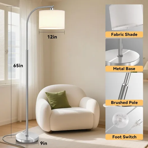Vista 4 de Floor Lamp for Living Room,Modern Standing Lamps with 9W LED Bulb,65'' Silver Tall Floor Light with Fabric Shade,3 Color Temperatures Tall Lamp for