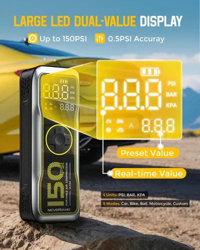 Vista 4 de Neverland Tire Inflator Portable Air Compressor - 150 PSI Electric Air Pump for Car Tires with Auto Shutoff Function, Cordless Tire Air Pump for