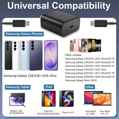 Vista 6 de Cargador súper rápido USB C de 45 W para teléfono Android tipo C, bloque de carga rápida con cable de 5 pies para Samsung Galaxy S26/S26